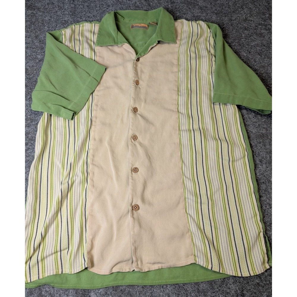 Bobby Chan 100% Silk Shirt Men's Large Green/Tan/White Short Sleeve Casual EUC
